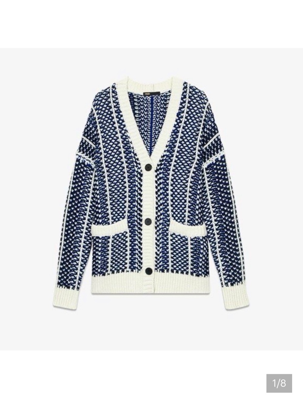 Maje Malou chunky Navy and white Knit V-Neck Cardigan Sweater